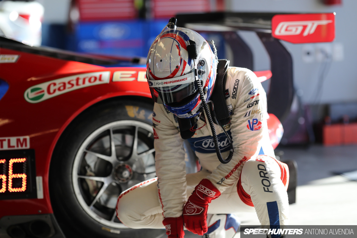 Joey Hand in Sparco suit, Ford GT IMSA Laguna Seca